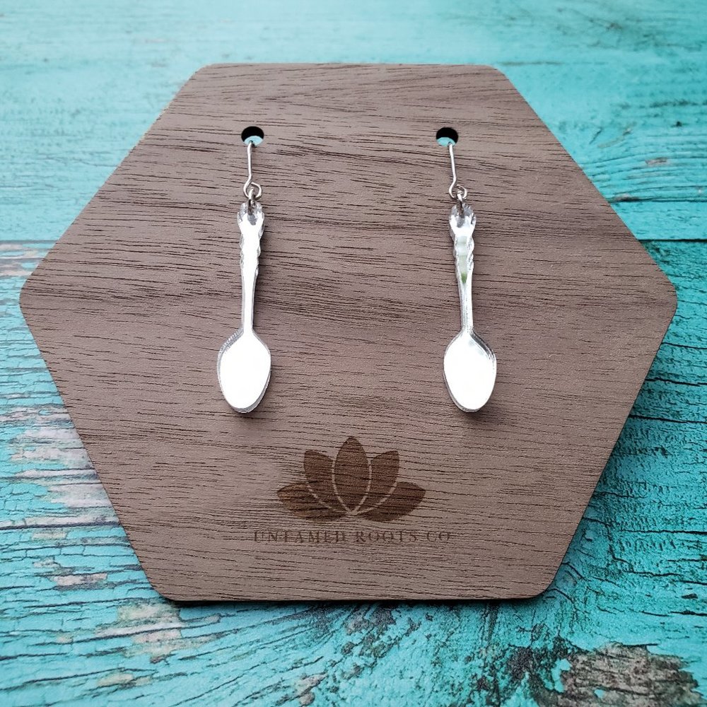 The Spoon Theory Awareness Dangle Earrings, Silver Mirror Acrylic Spoons